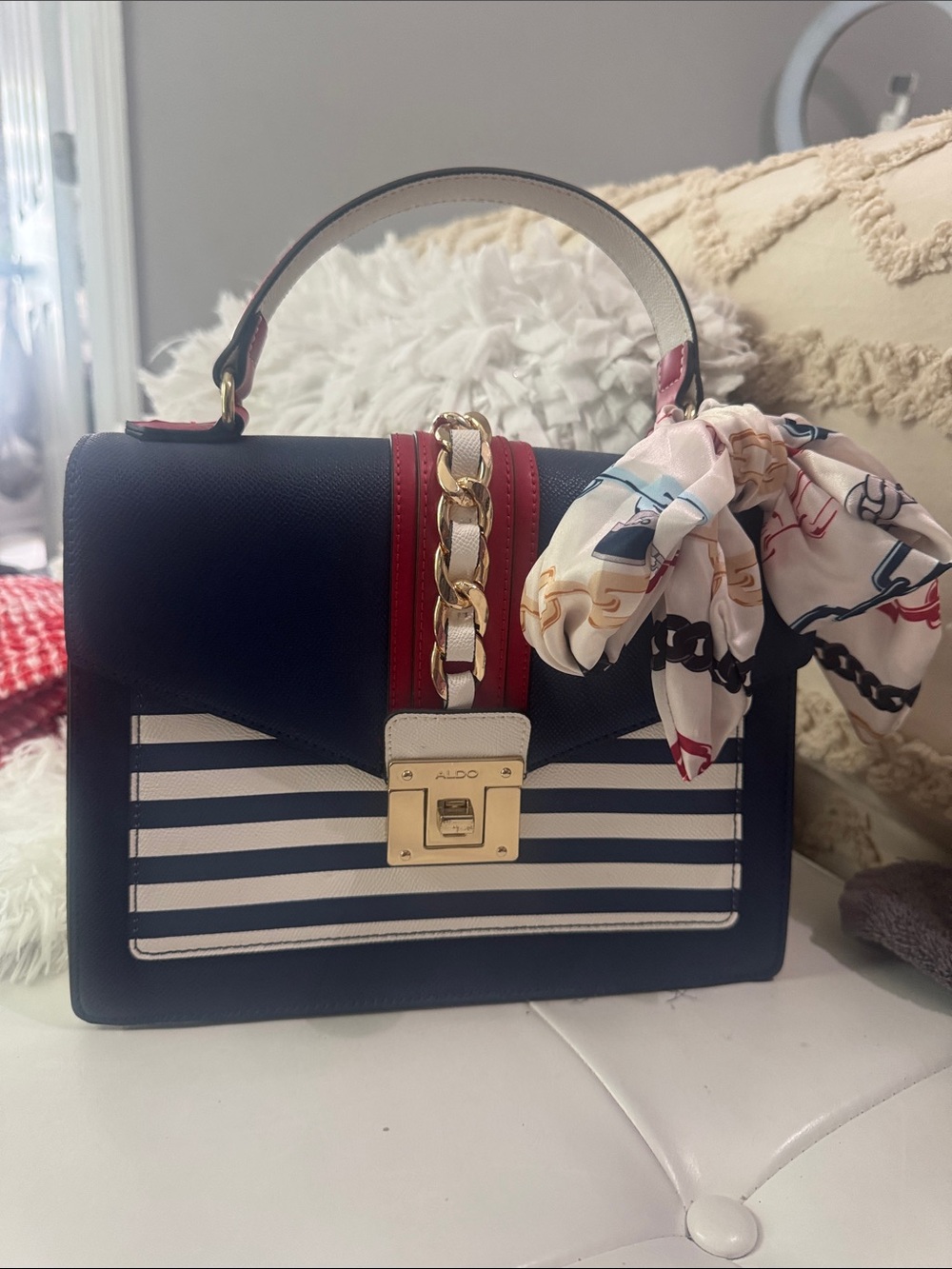 ALDO Navy and White Striped Top-Handle Satchel with Red Accent